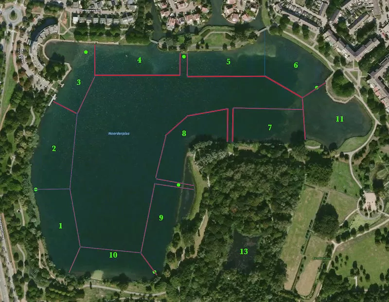 Bovenaanzicht van Noorderplas. Langs de randen zijn verschillende stekken weergegeven