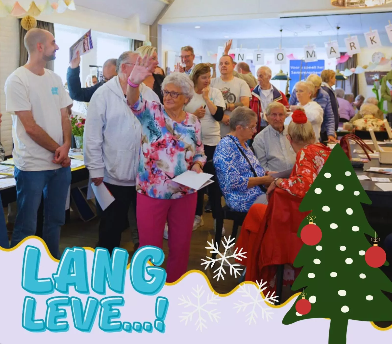 Feestende ouderen met de tekst "Lang Leve...?"